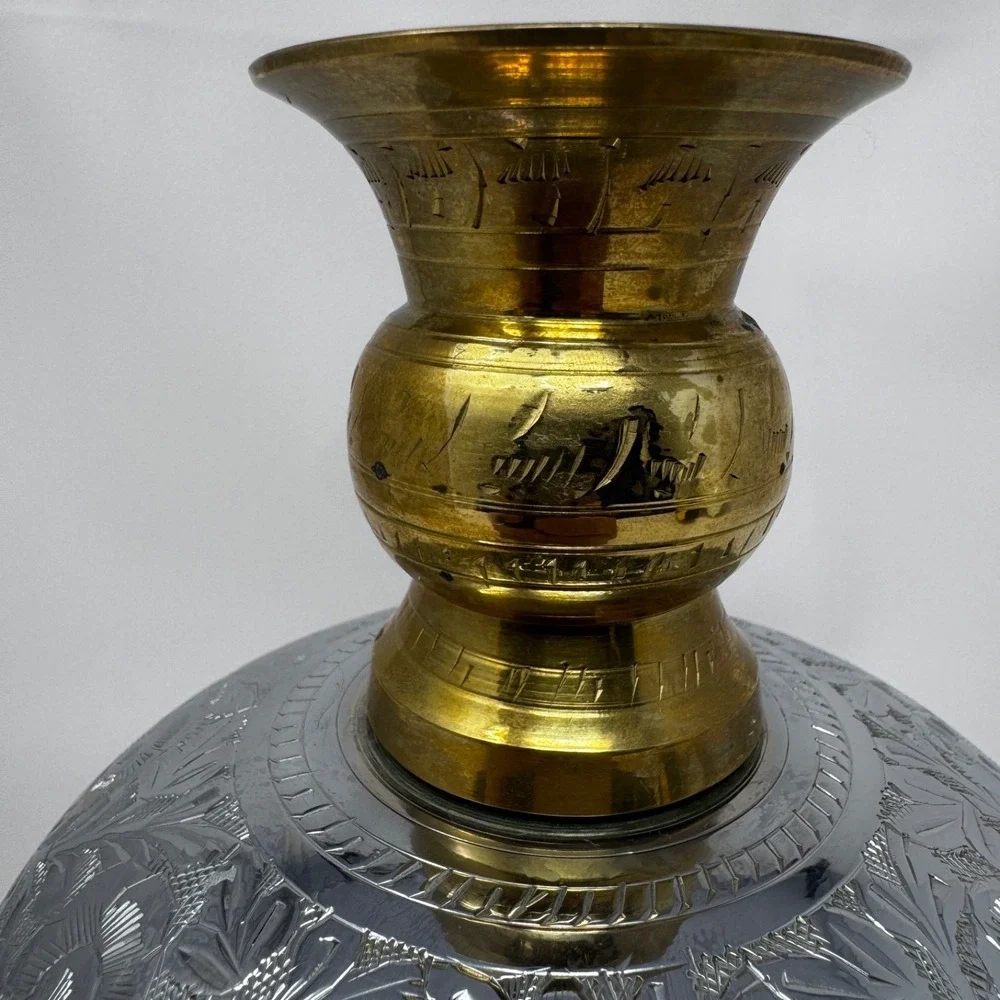 Vintage Indian Brass Silver-Tone Engraved Vase 2-Piece Floral Globe 8.5in Decor